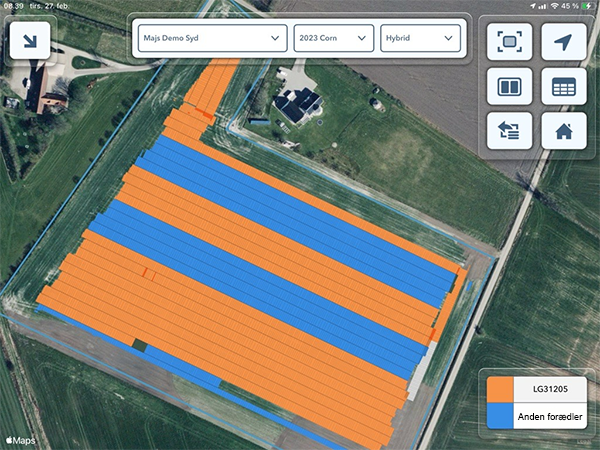Print screen fra FieldView: Kort fra såmaskinen, hvor vi kan se sorterne